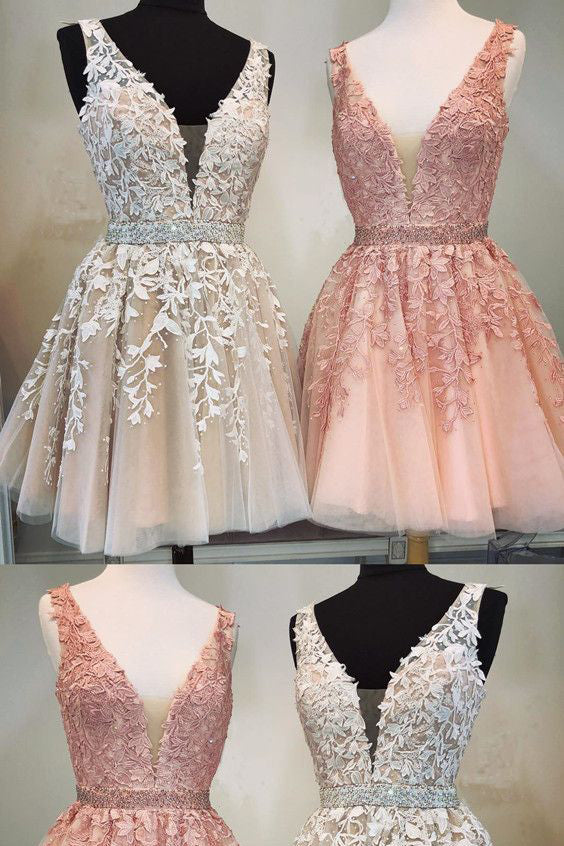 V-Back Beading Belt Red Homecoming Dress with Appliques