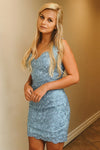 V-Neck Sheath Lace Mist Blue Homecoming Dress with Tie Back