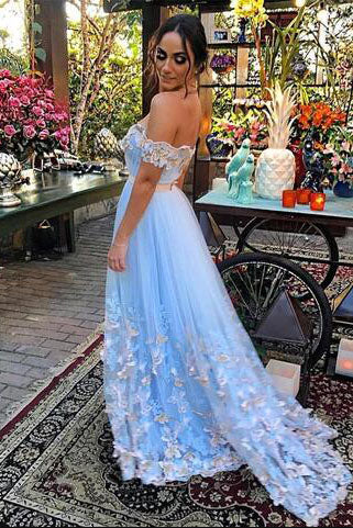 Elegant Off the Shoulder Sky Blue Long Prom Dress with Appliques –  FancyVestido