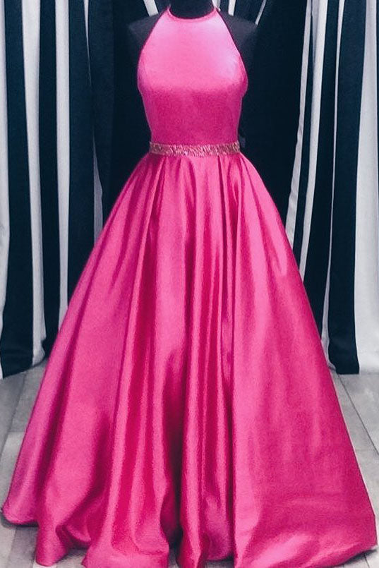 Elegant A-line Hot Pink Long Prom Dress with Beading