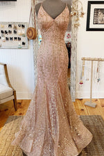 Mermaid V-Neck Rose Gold Long Prom Dress with Criss Cross Back