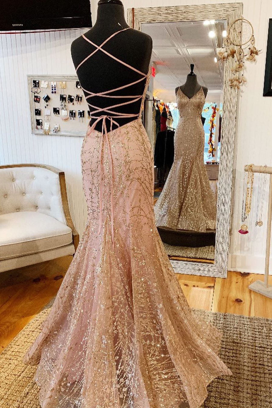 Mermaid V-Neck Rose Gold Long Prom Dress with Criss Cross Back FancyVestido Mermaid V-Neck Rose Gold Long Prom Dress with Criss Cross Back FancyVestido