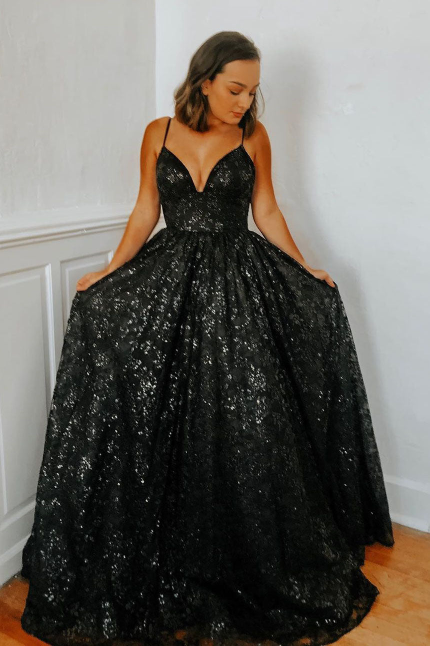 A-Line Spaghetti Straps Black Sequin Long Prom Dress