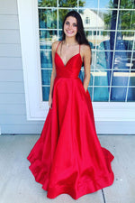 Elegant V Neck Straps Red Long Prom Dress with Pockets