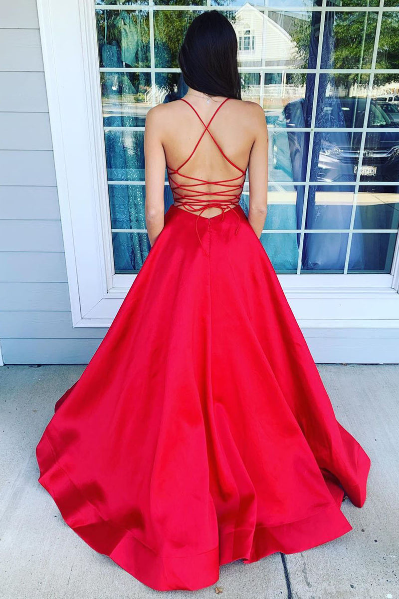 Elegant V Neck Straps Red Long Prom Dress with Pockets