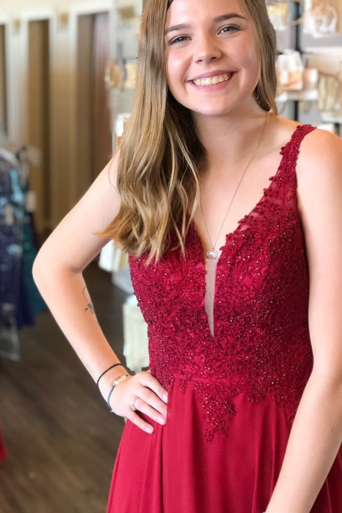 Elegant Straps Beaded Burgundy Long Prom Dress with Lace Appliques   FancyVestido