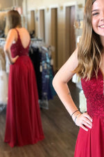 Elegant Straps Beaded Burgundy Long Prom Dress with Lace Appliques