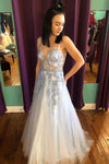 Elegant Straps White and Blue Long Prom Dress with Floral Embroidery