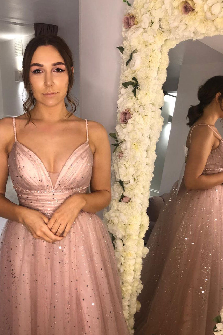 A-Line Straps Empire Pink Long Tulle Prom Dress with Sparkles FancyVestido A-Line Straps Empire Pink Long Tulle Prom Dress with Sparkles FancyVestido
