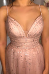 A-Line Straps Empire Pink Long Tulle Prom Dress with Sparkles