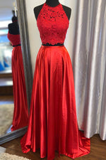 Elegant Two Piece Red Lace and Satin Long Prom Dress