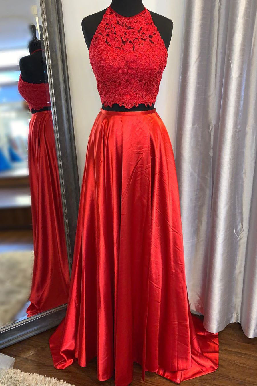 Elegant Two Piece Red Lace and Satin Long Prom Dress – FancyVestido
