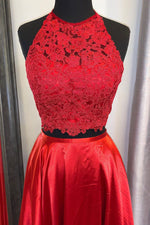Elegant Two Piece Red Lace and Satin Long Prom Dress