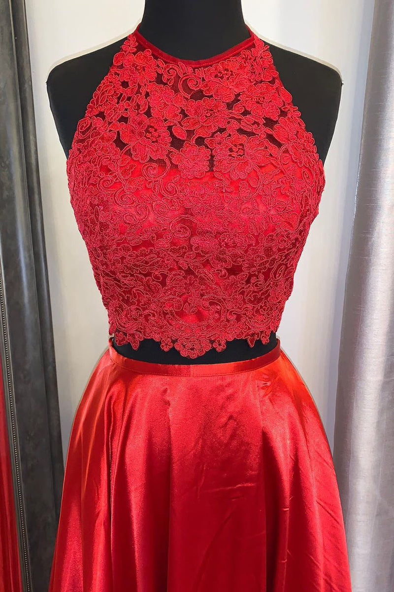 Elegant Two Piece Red Lace and Satin Long Prom Dress