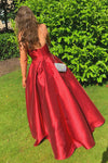 Simple Empire Strapless Red Satin Long Prom Dress