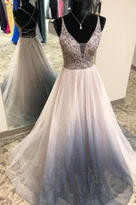 Gorgeous V Neck Criss Back Silver Beaded Long Prom Dress