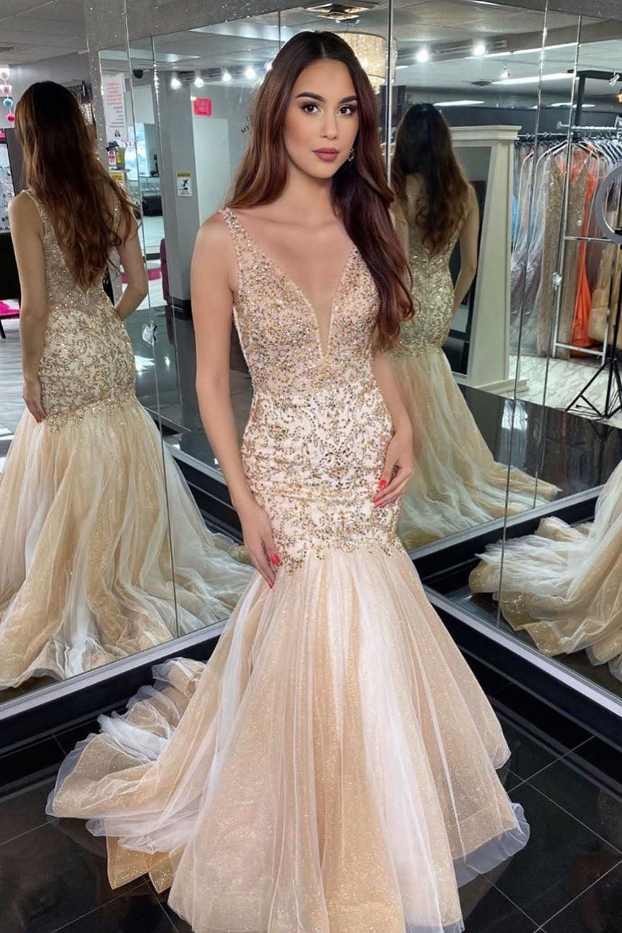 Gorgeous V Neck Mermaid Beaded Champagne Long Prom Dress FancyVestido Gorgeous V Neck Mermaid Beaded Champagne Long Prom Dress FancyVestido