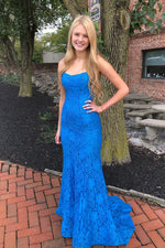 Elegant Spaghetti Straps Open Back Mermaid Blue Long Prom Dress