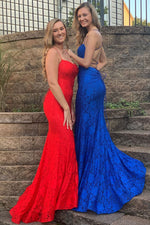 Elegant Spaghetti Straps Open Back Mermaid Blue Long Prom Dress