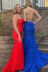 Elegant Spaghetti Straps Open Back Mermaid Blue Long Prom Dress