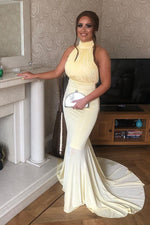 Elegant High Neck Open Back Mermaid Yellow Long Prom Dress