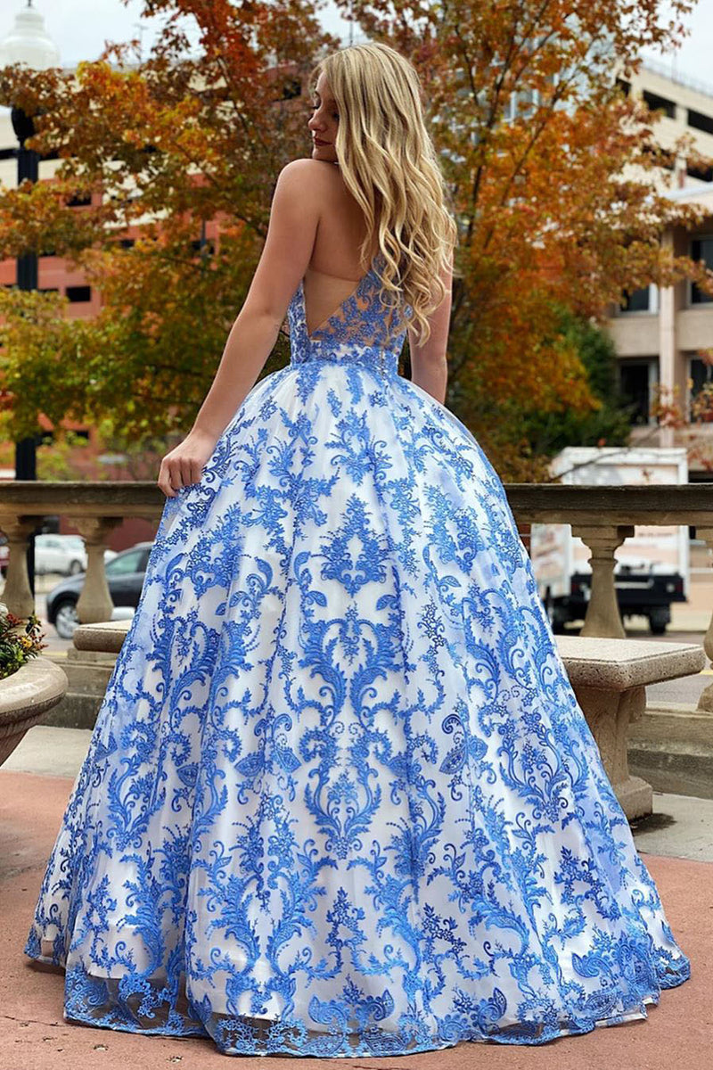 Elegant White and Blue Floral Embroidered Long Prom Gown