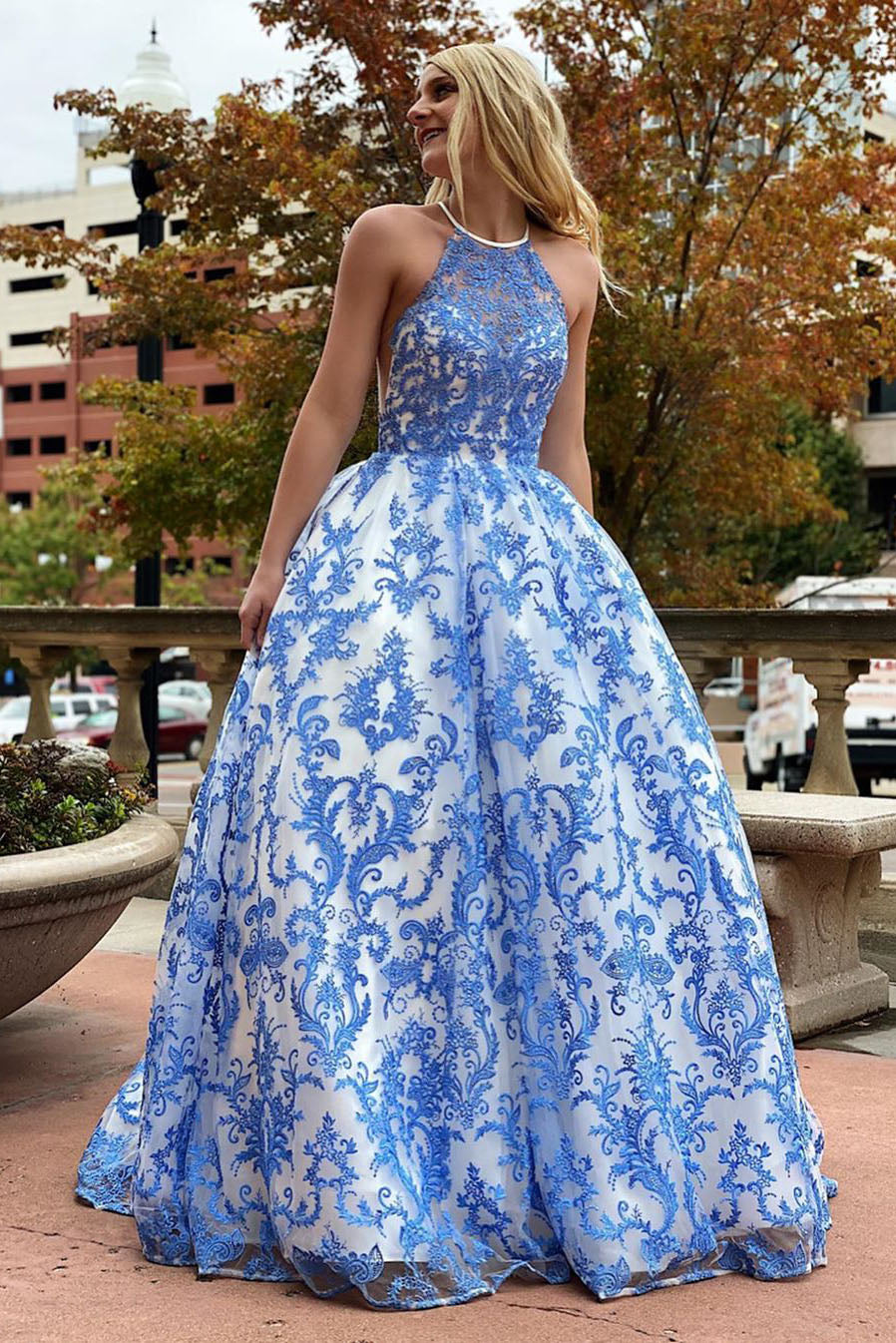 Elegant White and Blue Floral Embroidered Long Prom Gown