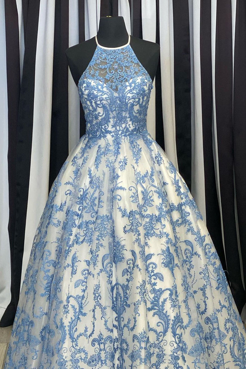 Elegant White and Blue Floral Embroidered Long Prom Gown