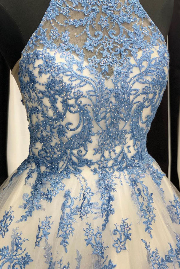 Elegant White and Blue Floral Embroidered Long Prom Gown