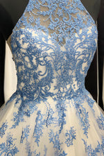 Elegant White and Blue Floral Embroidered Long Prom Gown