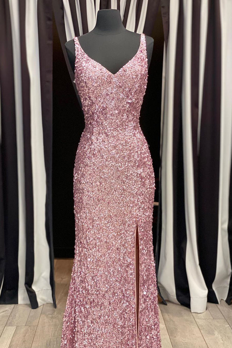 Gorgeous Mermaid V-Neck Pearl Pink Long Prom Dress with Slit