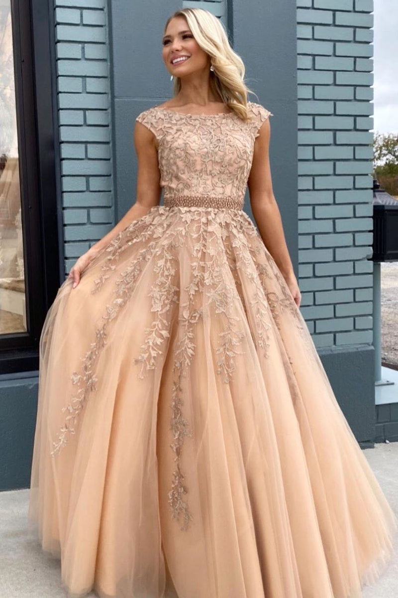 Elegant Lace-up Back Beaded Long Champagne Prom Dress with Appliques