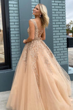 Elegant Lace-up Back Beaded Long Champagne Prom Dress with Appliques