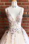 Elegant V Neck Ivory Long Prom Dress with Floral Embroidery