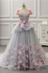 Elegant Lace-up Back Floral Appliques Grey Long Prom Dress