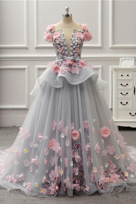 Elegant Lace-up Back Floral Appliques Grey Long Prom Dress  FancyVestido