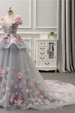 Elegant Lace-up Back Floral Appliques Grey Long Prom Dress