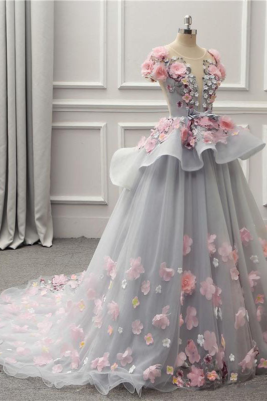 Elegant Lace-up Back Floral Appliques Grey Long Prom Dress