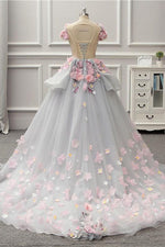 Elegant Lace-up Back Floral Appliques Grey Long Prom Dress