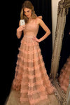 Elegant Straps Peach Long Prom Dress with Cascading Ruffles
