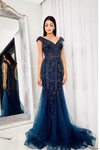 V Neck Beaded Navy Blue Long Prom Dress with Sequins