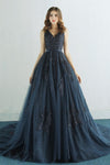 Elegant A Line Navy Blue Long Prom Dress with Lace Appliques