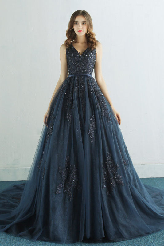 Elegant A Line Navy Blue Long Prom Dress with Lace Appliques