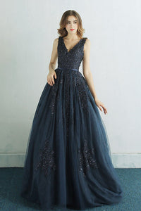 long navy blue prom dresses Leila Mermaid Deep V Neck Satin Dress with Appliques, Navy Blue / UK 2 Modest Dark Navy Long A-line
