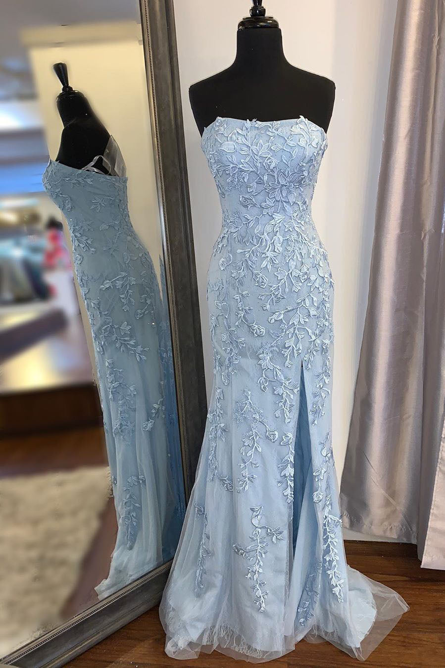 Elegant Strapless Mermaid Sky Blue Long Lace Prom Dress with Slit –  FancyVestido