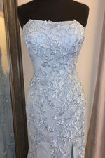 Elegant Strapless Mermaid Sky Blue Long Lace Prom Dress with Slit