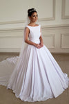 Long A-line Boat Neck White Wedding Dress with Beads