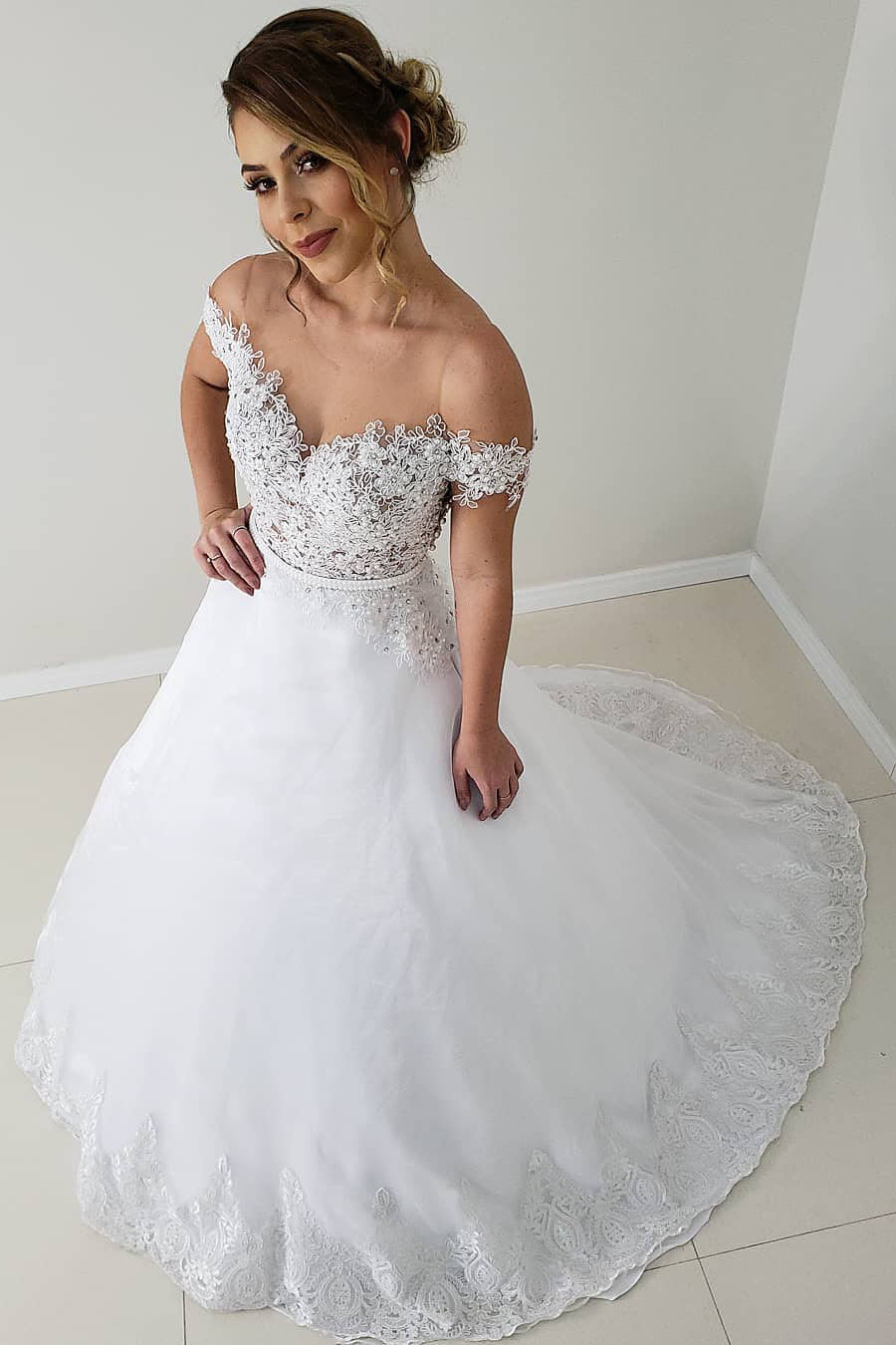 Princess A-line Off the Shoulder White Wedding Dress with Lace   FancyVestido