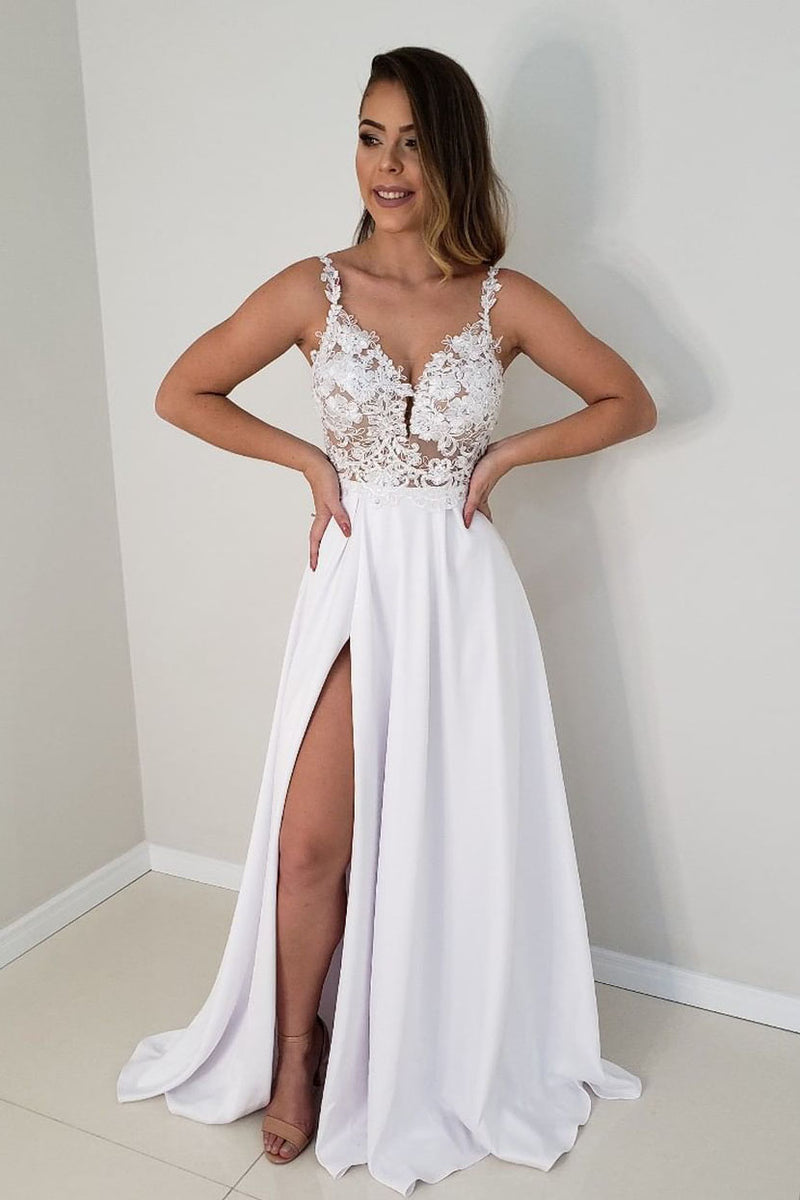 Long A-line Lace Sleeves White Wedding Dress with Slit