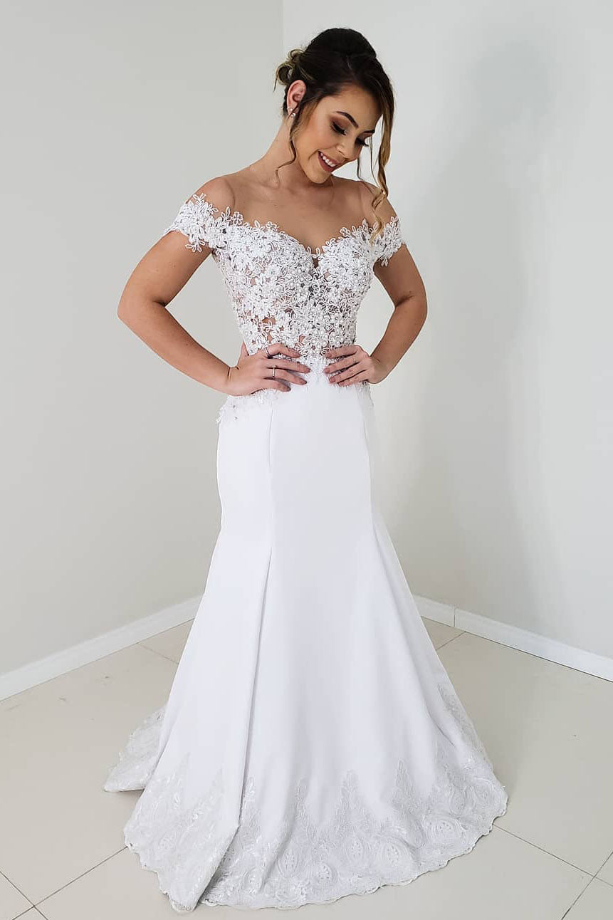 Princess Off Shoulder Mermaid White Lace Wedding Dress